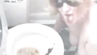 Blonde wife eating poop from toilet