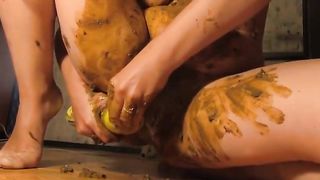 Hairy babe smearing crap on her pussy