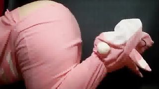 Blonde hottie farting in her pink outfit