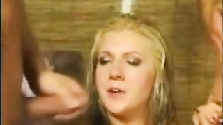 Two guys peeing on a drunk slut