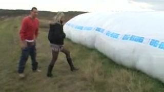 Sexy blonde teen peeing in black pantyhose