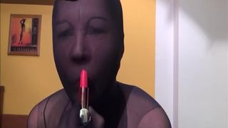 Wearing black pantyhose on her head during scat action