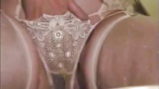 Sexy babe peeing in white panties