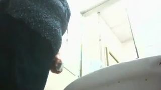 Family woman shitting in public bathroom