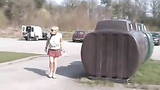Busty blonde peeing outdoor