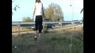 Tattooed babe pooping outdoor