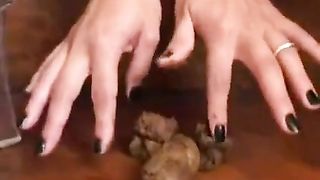 Brunette babe pooping on staircase