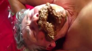 Granny masturbating with her fresh poop