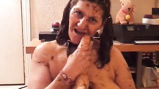 Hot babe smears poop on her tits