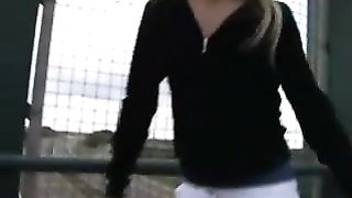 Blonde hottie in mini skirt peeing