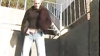 Blonde peeing on neighbours doorstep