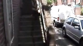 Blonde babe peeing on neighbours porch