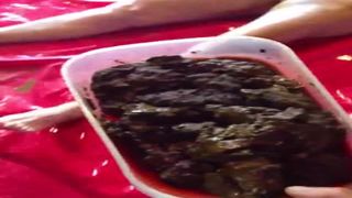 Granny covered her naked body with poop