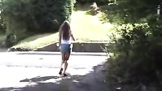 College teen showing her tits while peeing