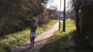 Chick with white skirt peeing in public