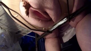 Fat girl shitting on homemade toilet slowly