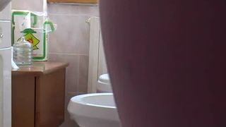 Hairy wife shitting over toilet