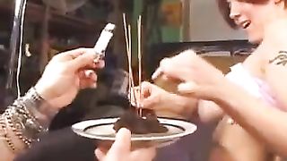 Redhead girl shitting on white plate