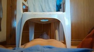 Chubby babe using a homemade toilet