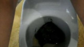 Shaved girl pooping a big one