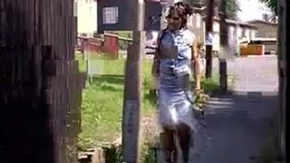 Petite girl peeing outdoor slowly for us